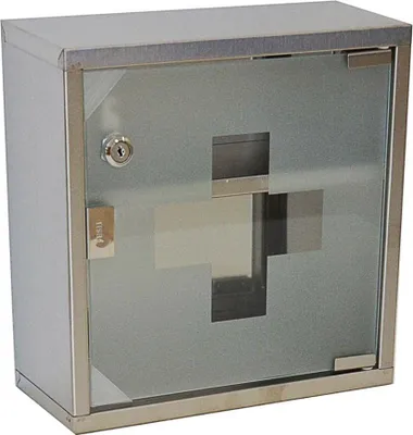 Produktbild von Natsen Edelstahl Medizinschrank abschließbare Apothekerschrank, Arzneischrank Erste Hilfe Schrank mit Glastür 30x30x12cm (Silber, 2 Fächer)