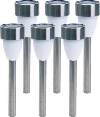 Produktbild von Näve Leuchten LED Solarleuchte CYRAL mit LED Platine LED Solarleuchte CYRAL mit LED Platine 6er-Set LED Solar-/Außenleuchte "CYRAL" inkl. Erdspieß, Lampe für den Außenbereich im Modern-Style, aus Metall und Kunststoff in stahl-blank, 36,5 cm hoch, Ø 5,5 cm, LED Platine – mit Dämmerungssensor – Dämmerungssensor