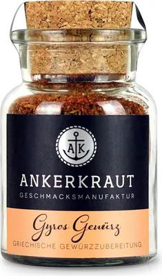 Zdjęcie produktu dla Ankerkraut Gyros Gewürz, Przyprawy w proszku, Ziele angielskie, Czarny pieprz, Papryczka chili, Nasiona kolendry, Kmin rzymski, Czosnek,..., Środek konserwujący, 80 g, Słoik, 1 szt.