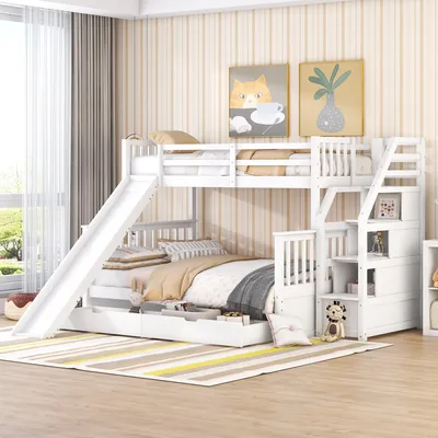 Produktbild von Merax Etagenbett 90x200/140x200cm mit Rausfallschutz und Stauraumtreppe, Kinderbett mit Rutsche, Hochbett mit 2 Schubladen, Massivholz Stockbett, Weiß