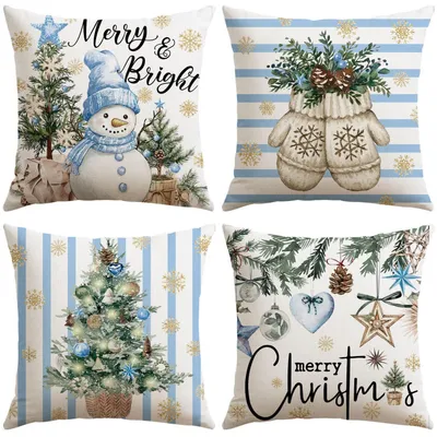 Immagine prodotto di Cuscini decorativi natalizi, set da 4, 45x45 cm, motivo pupazzo di neve, colore blu, tessuto poliestere-lino