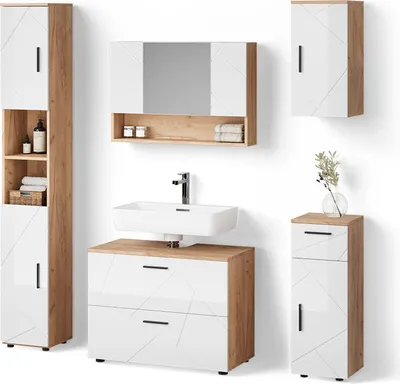 Produktbild von Badmöbel-Set Livinity Ronco Weiß Hochglanz/Goldkraft Eiche 5 Teile, Model 52843