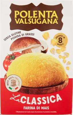 A box of Polenta Valsugana with an illustration of polenta, mushrooms, tomato, and corn.
