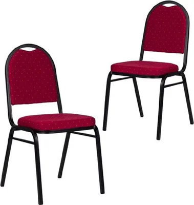 Two red banquet chairs with black frames, displayed on a white background.