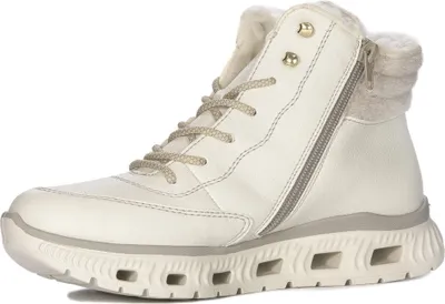 A single white winter boot is shown against a white background.