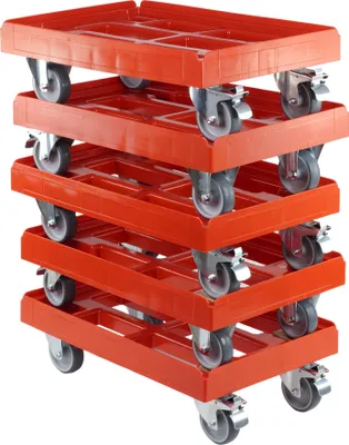 Produktbild von 5 Stück Transportroller 600 x 400 mm mit 2 Bock- und 2 Bremsrollen in rot