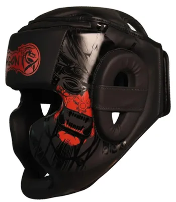 Productafbeelding van Dragon 11747-P Yakuza zwarte hoofdbeschermer voor kickboksen, vechtsport, MMA-training. Hoofdbeschermer van hoogwaardig kunstleer, geschikt voor sparren, boksen, Muay Thai, karate en taekwondo. Professioneel (XL)