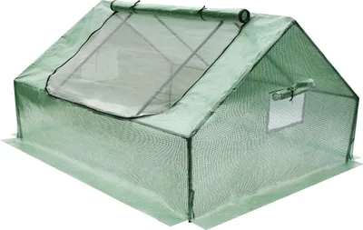 A green greenhouse tent with a roll-up window on top and a smaller window on the side.