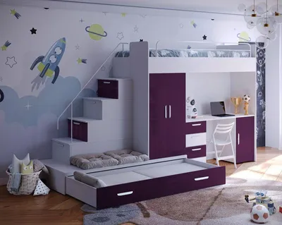 Produktbild von Etagenbett TOMI 5, Doppelstockbett Hochglanz Kinderbett Hochbett, MIT Matraze und Lattenrost (Weiss + Violett, Glanz)