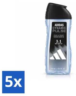 Imagen del producto de 5 unidades de gel de ducha Adidas Dynamic Pulse 3 en 1, 250 ml cada uno. Paquete económico