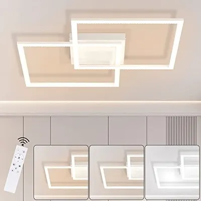 A modern LED ceiling light with a remote control is shown in a room setting, with multiple smaller images demonstrating different light settings.