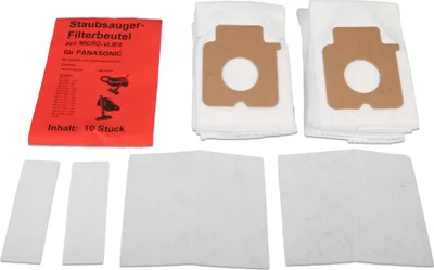 A collection of vacuum cleaner bags and filters laid out on a white background.