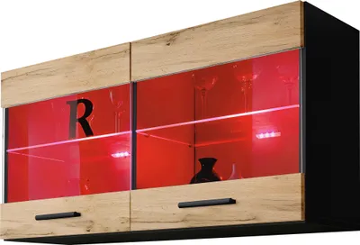 Produktbild von Komodee | Vitrine Schrank mit 2 Türen Savona, Korpus Schwarz Matt Frontfarbe Wotan Matt, LED RGB