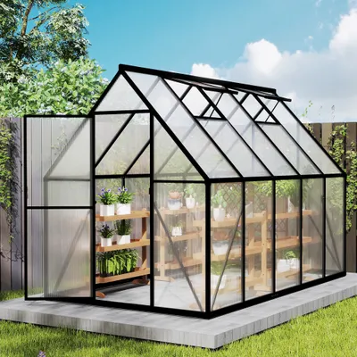 Image de LARS360 Serre en aluminium 280x180x195cm, 5.04m² Serre de jardin accessible avec fondations renforcées, fenêtre de toit, porte, résistante aux intempéries & aux températures élevées pour légumes, plantes & tomates