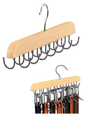 Produktbild von Gürtelaufhänger aus Holz mit 14 Haken - Multifunktionaler Kleiderschrank-Organizer für Gürtel, Krawatten, Schals & Schmuck