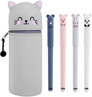 Produktbild von Kawaii Etui mit Reißverschluss und 4 Stifthaltern, weiches Silikon, Katzenmuster