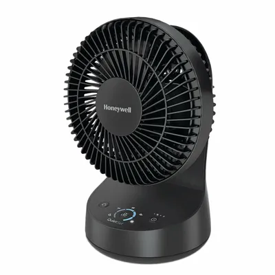 A black Honeywell table fan with a digital display is shown against a white background.