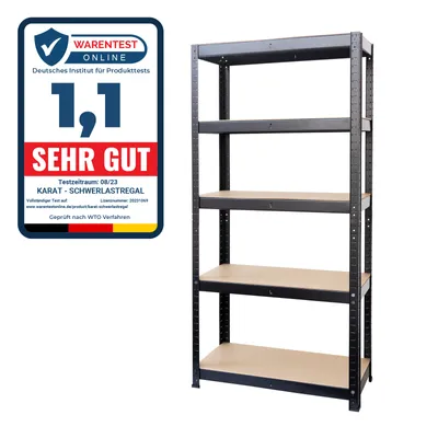A black metal shelving unit with wooden shelves, shown next to a product review badge.