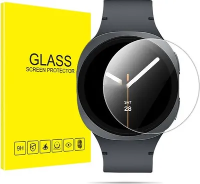 A smartwatch with a screen protector and its packaging.