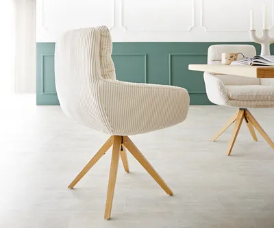 Produktbild von DELIFE Esszimmerstuhl Abelia-Flex mit Armlehnen Cord Beige Holzgestell kantig Natur