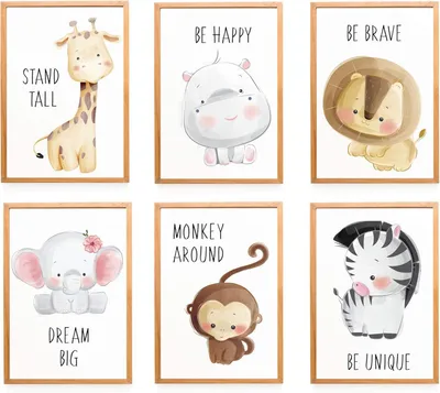 Produktbild von WIETRE 6er Set Bilder Tiere Kinderzimmer Babyzimmer Deko | Bild Junge Mädchen Poster DIN A4 | Waldtiere Safari Afrika Tiere Tierposter Dekoration