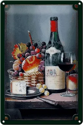 Produktbild von Blechschild Kunst 20x30cm Stillleben Rotwein Käse Obst