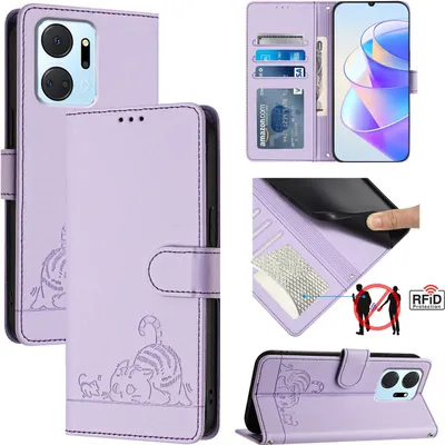 Produktbild von Leder Hülle für Honor X7a /Honor Play7T Süße Katze Flip Case Brieftasche Schutzhülle mit Standfunktion Lila