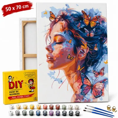 Immagine prodotto di Quadro da dipingere seguendo i numeri con cornice “Donna tra le farfalle”, 50x70 cm