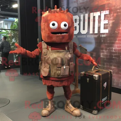Productafbeelding van Mascottefiguur REDBROKOLY van een roestgranaat gekleed met een dienstjurk en aktetassen