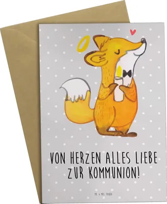 Produktbild von Mr. & Mrs. Panda Grußkarte Fuchs Kommunion - Grau Pastell - Geschenk, Klappkarte, Beileidskarte, einladungskarten, babykarte, Gott, osterkarte, Liebe, Dankeschön, Gläubig