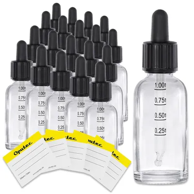 Produktbild von Oputec 20x 30ml Klarglas Pipettenflaschen - Pipette mit Skala, kindersicher und dicht - für Öle Aromen Essenzen