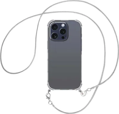 Produktbild von Handykette Backcover-Schutzhülle mit Band (Metall silberfarben) für iPhone 16 Pro - silberfarbene Snake-Kette