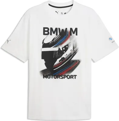 Produktbild von BMW M Motorsport T-Shirt Graphic Helmet Puma, Offizieller Fanartikel, Weißes Shirt mit Rennhelm-Grafik und M-Streifen, mindestens 20% Recycling