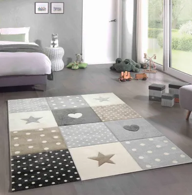Immagine prodotto di Tappeto per bambini - Tappeto da gioco per cameretta con motivo a pois, cuori e stelle - Colori: marrone, beige, grigio - Dimensioni: 140x200 cm