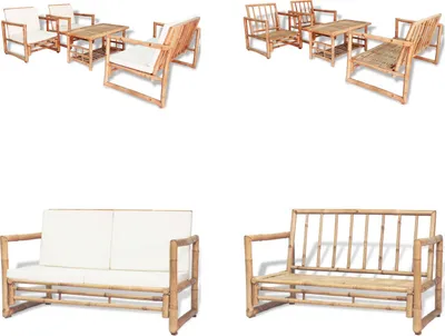Four different bamboo garden furniture sets are displayed against a white background.