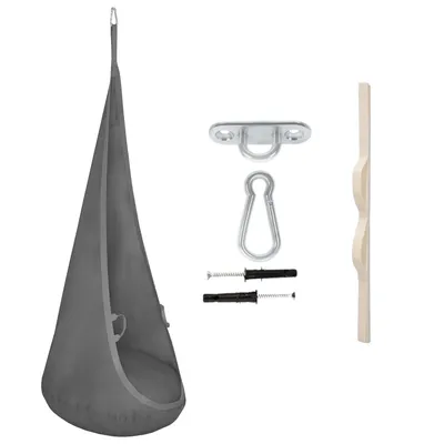 A hanging chair and its accessories are laid out on a white background.