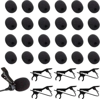 Immagine prodotto di Set di ricambio per microfoni a clip Famanu con 24 coprimicrofono in schiuma e 6 clip per microfono - per microfoni da cuffia mini