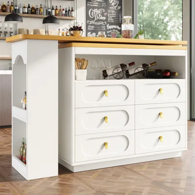 Image de OKWISH Table Bar Extensible et Meuble Bar - Pivotante 360° avec Rangement et Tiroirs, Polyvalente pour Cuisine ou Salon, MDF Blanc