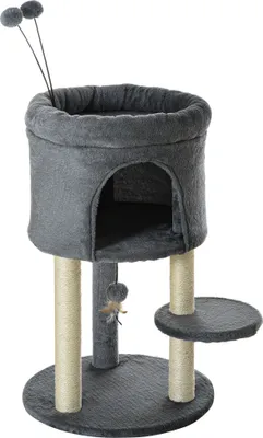 Zdjęcie produktu dla Drapak dla kota PawHut 73,5 cm z jaskinią dla kota i piłeczką do zabawy, wspinaczkowy, słupek z sizalu, zabawka dla kota, pluszowy, szary + kremowy biały