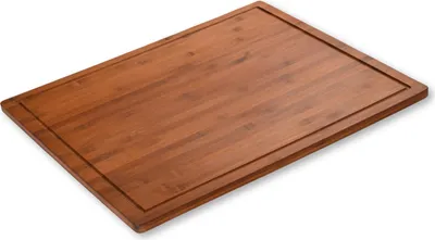 A wooden cutting board on a white background.