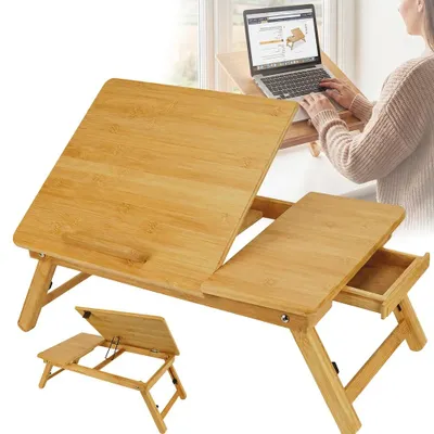 Obrázek produktu pro Stolek pod notebook – skládací, vhodný k posteli – s nastavitelnou výškou – se zásuvkou – vyrobený z dřeva – obdélníkový – pro použití u postele a pohovky