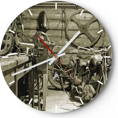 Produktbild von Wanduhr - Rund - Glasuhr - Werkstatt Motor - 30x30cm - Schleichendes Uhrwerk - Lautlos - zum Aufhängen bereit - Dekoration Modern - Wanddekoration aus Glas - C3AR30x30-3519