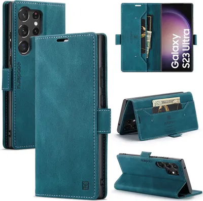 Produktbild von Galaxy S23 Ultra Brieftasche Hülle, Retro Kunstledertasche Stand Schutzhülle für Samsung Galaxy S23 Ultra Blau