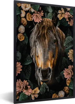 Produktbild von MuchoWow® MuchoWow® Gerahmtes Poster Pferd - Blumen - Blätter 60x90 cm - Poster mit zchwarzem Bilderrahmen - Kunst