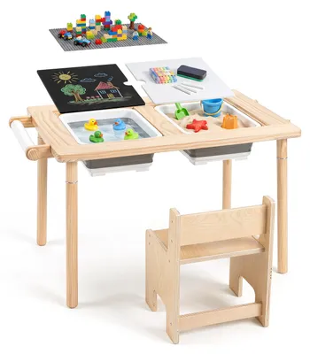Produktbild von COSTWAY Kindertisch & Stuhl Set, Kindersitzgruppe aus Holz mit Tischplatte, 2 Aufbewahrungsboxen, 2 Bausteinplatten, Papierrolle, 2 Haken, Natur