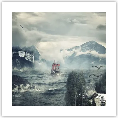 Produktbild von Poster - Poster ohne Rahmen - Sturm Berge Segelschiff - 40x40 cm - Wand Bild - Wanddeko - Wandbilder - Kunstposter - Wandposter - Bilder - Kunstdruck - Wanddekoration - Wandbild - P2XAC40x40-4208