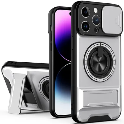 Obrázek produktu pro Magnetické pouzdro pro iPhone 14 Pro Max Ochranné pouzdro s posuvným krytem fotoaparátu a kroužkovým stojánkem Stříbrná