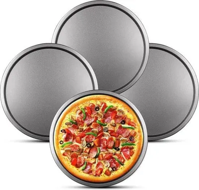 Image de Plaques de cuisson de 32 cm de diamètre, moule à gâteau 4 pièces, plaque de cuisson en acier au carbone pressé à froid, plaques de cuisson avec revêtement antiadhésif pour pizzas, tartes flambées et gâteaux.