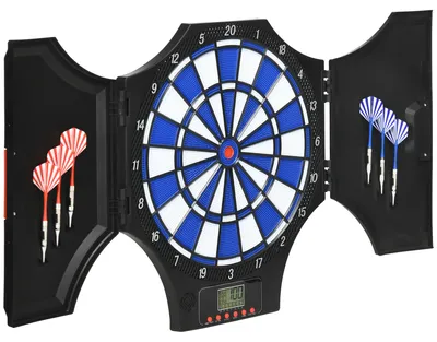 Produktbild von 31 Spiele, Elektronische Dartscheibe, 285 Programme, für 8 Spieler, LCD-Display, Sound, mit 2 Türen, 6 Pfeile, Schwarz | 83 x 45 x 4 cm