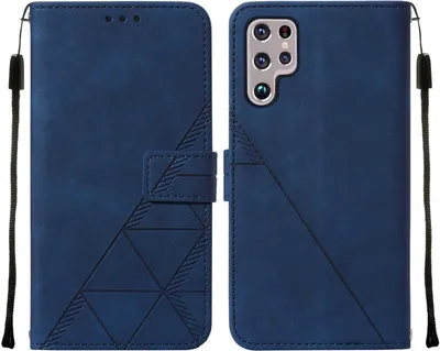 Produktbild von Galaxy S22 Ultra Hülle, Schlank Prägung Flip Leder Kartenfächer Schutzhülle mit Ständer für Samsung Galaxy S22 Ultra Blau